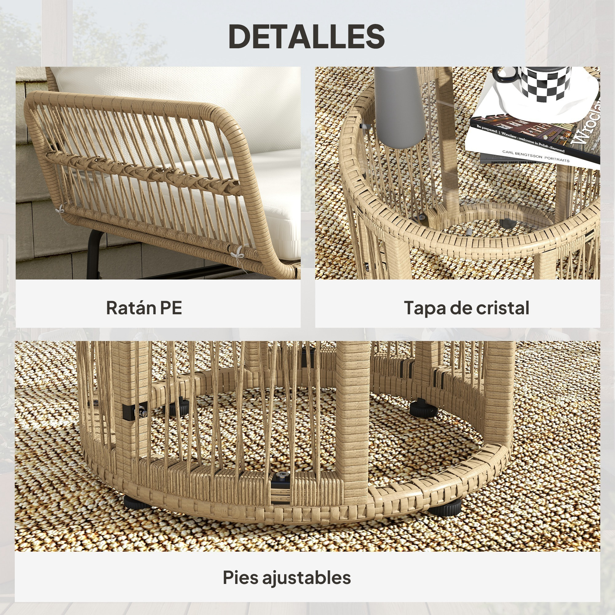 Conjunto de Muebles de Jardín Exterior de Ratán Juego de 3 Piezas Muebles de Terraza con Sofá de 2 Plazas Chaise Longue Cojines y Mesa Auxiliar de Tablero de Vidrio para Patio Crema y Natural