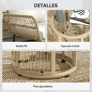 Conjunto de Muebles de Jardín Exterior de Ratán Juego de 3 Piezas Muebles de Terraza con Sofá de 2 Plazas Chaise Longue Cojines y Mesa Auxiliar de Tablero de Vidrio para Patio Crema y Natural