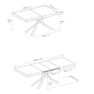 Tavolo CARRARA in legno, finitura grigio cemento e base in metallo verniciato antracite, allungabile 180×90 cm – 260×90 cm
