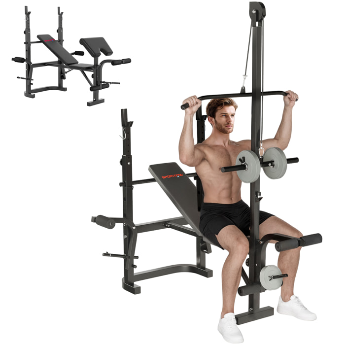 Banco de Musculación Multifuncional Inclinable, Banco de Pesas, Press Banca con Soporte para Barra Ajustable, Extensión Piernas, Curl de Predicador, Mariposa, Entrenamiento en Casa, Gimnasio