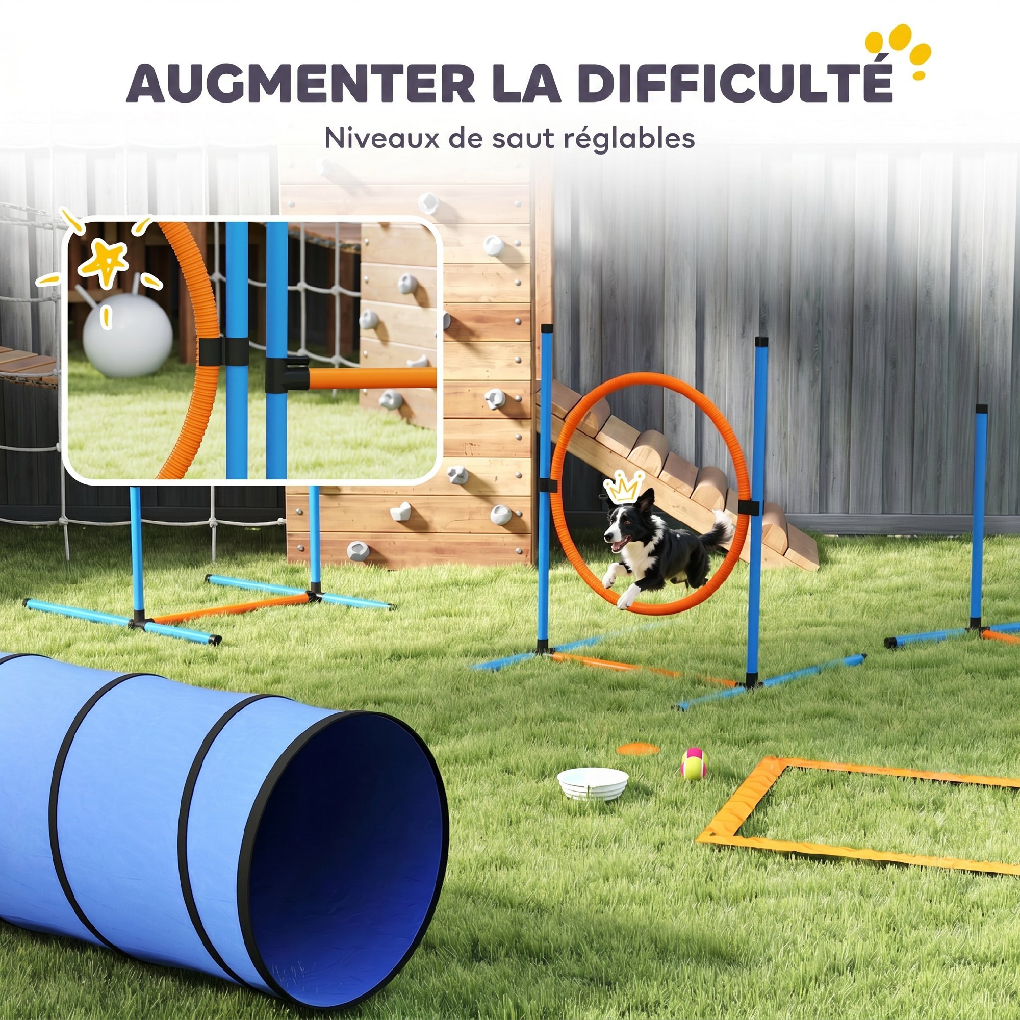 Kit d'agilité complet pour chien 8 pièces - tunnel, slalom, obstacles - orange bleu