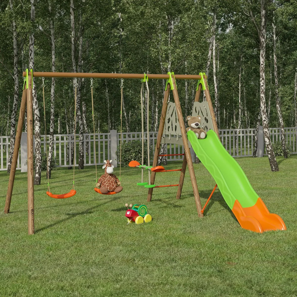 Balançoire en bois poutre métal 2,30 m Techwood Premium GRIGIO - 6 enfants