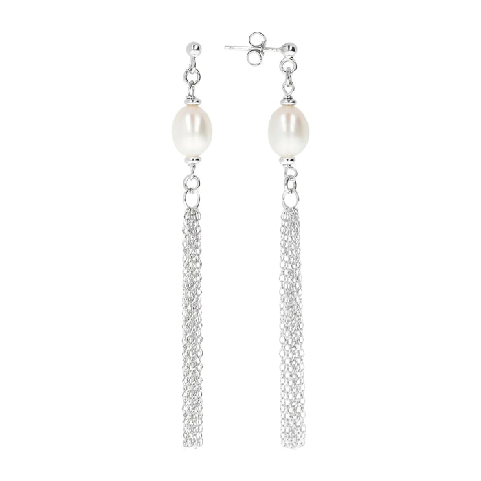 PERLAVIVA - Orecchini Pendenti Multifilo in Argento 925 placcato Rodio con Perle D'Acqua Dolce Bianche Ø 7/9 mm