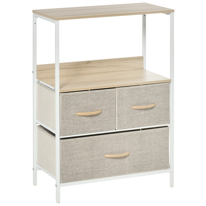 Meuble de rangement commode 3 tiroirs étagère plateau acier blanc MDF bois clair non tissé gris clair