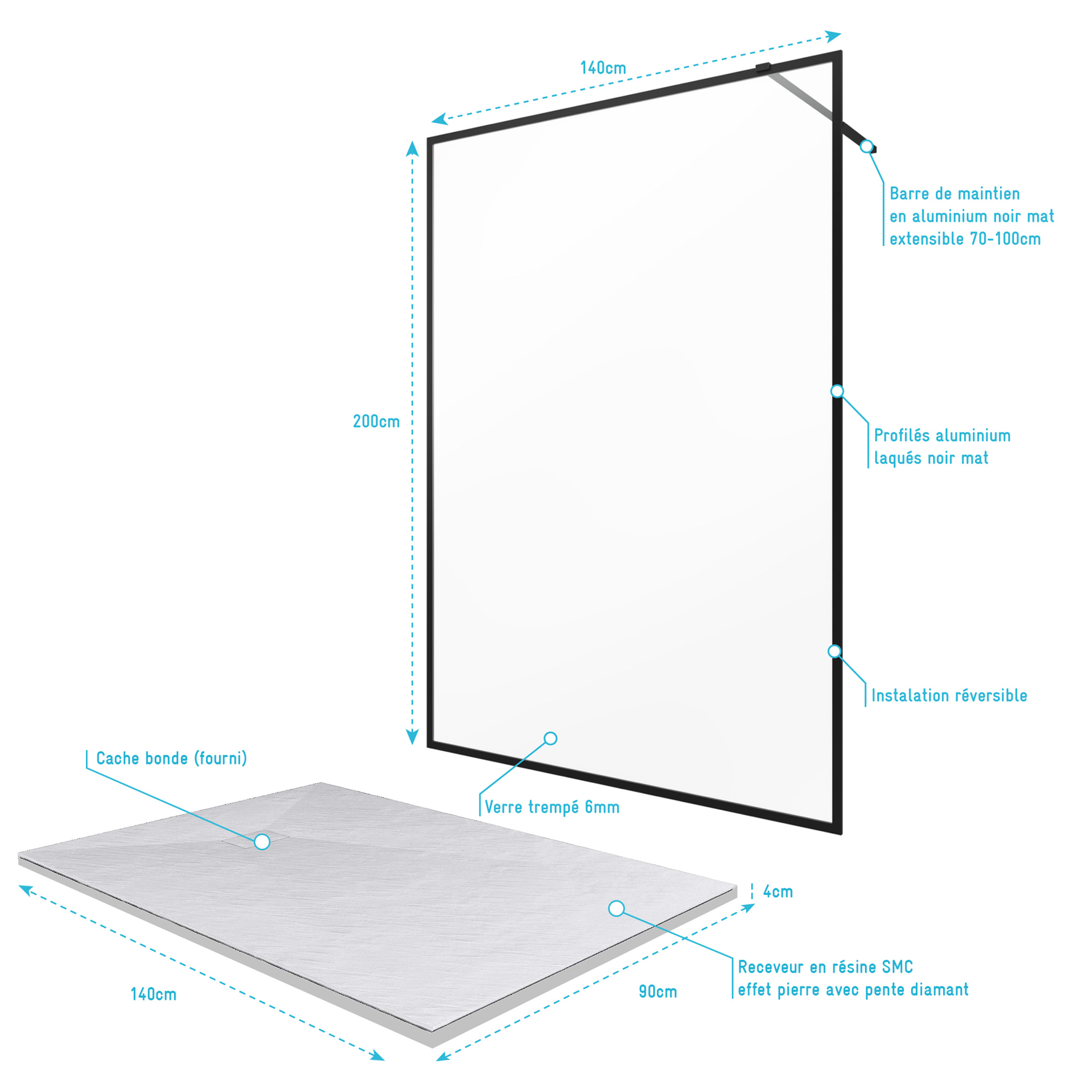 Paroi de douche 140x200cm + receveur a poser - 140x90cm - cadre et barre noir mat - CONTOURING 120