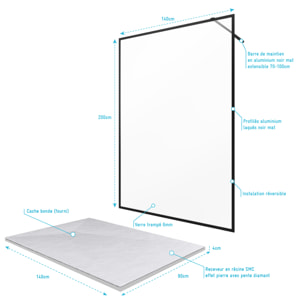 Paroi de douche 140x200cm + receveur a poser - 140x90cm - cadre et barre noir mat - CONTOURING 120