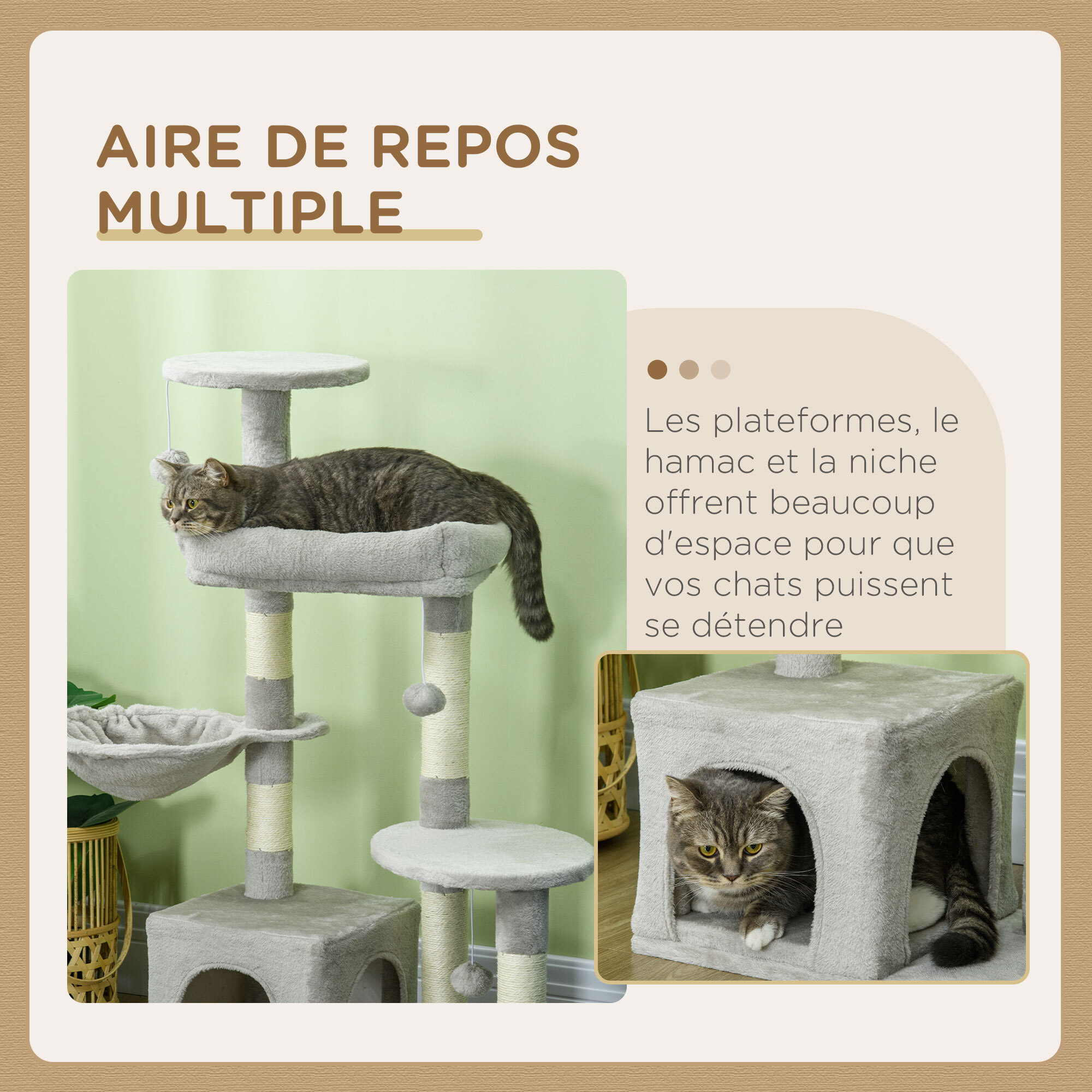 Arbre à chat griffoirs sisal naturel niche plateformes panier hamac jeux boules suspendues peluche gris