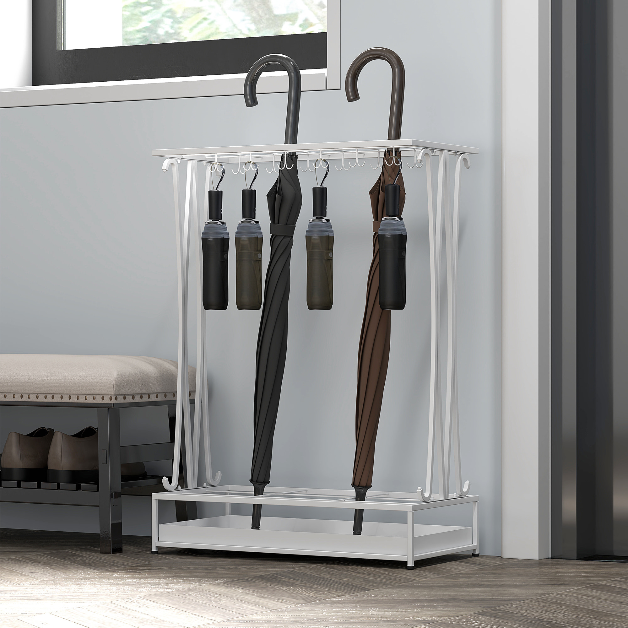 Paragüero Moderno Rectangular Soporte de Paraguas de Acero con 24 Ganchos 21 Espacios y Bandeja Recogegotas Extraíble Paragüero para Entrada Oficina 50x24x68 cm Blanco