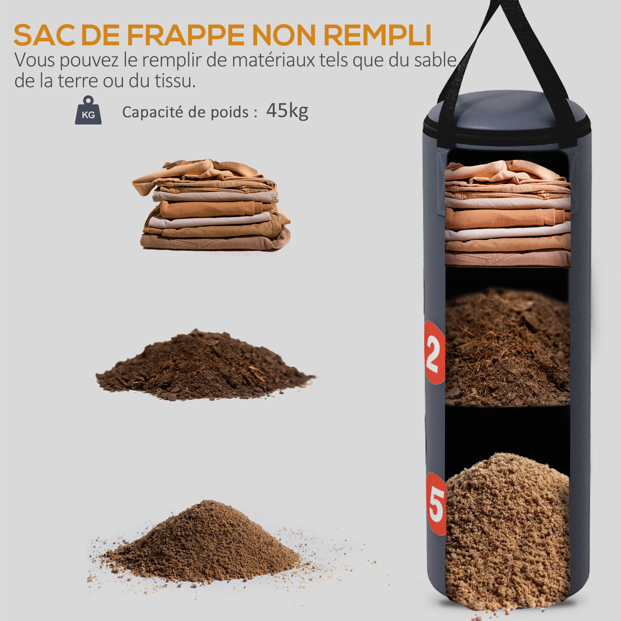 Sac de frappe boxe - support mural, crochet pivotant, gants, bandes inclus - à remplir - acier PU rouge gris