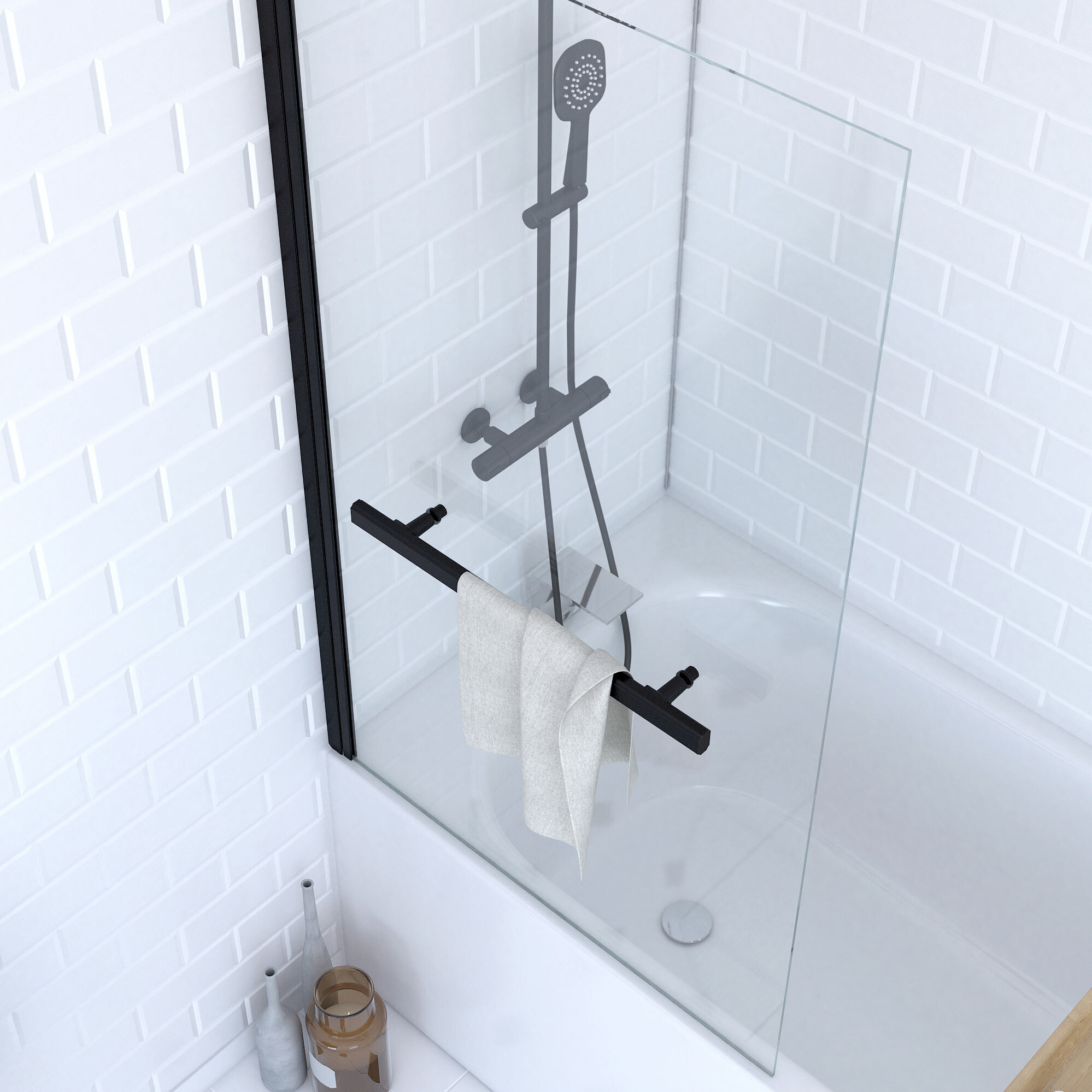 Pare baignoire Pivotant avec Porte-Serviette 85x150cm - Profilé Noir - Verre 6mm - TSHAPE DARK