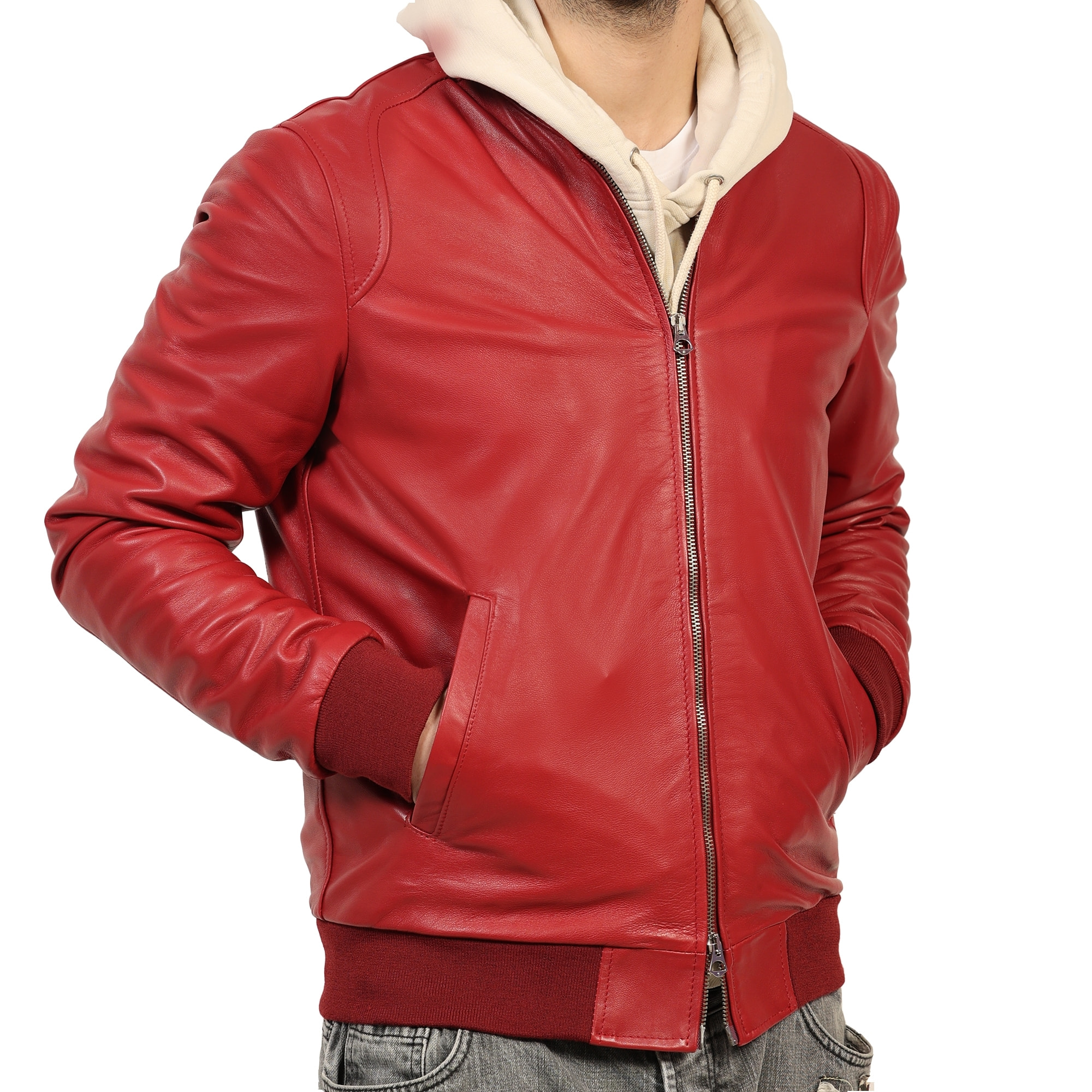 Giubbino in vera pelle di vitello Bordeaux-Slim Fit