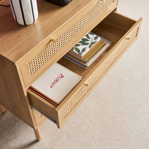 Commode décor bois et cannage 3 tiroirs teinte naturelle - 90 x 40 x 80 cm - Judith