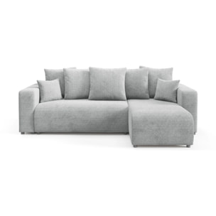 GLORIA - Canapé d'angle droit convertible 4 places en tissu gris clair