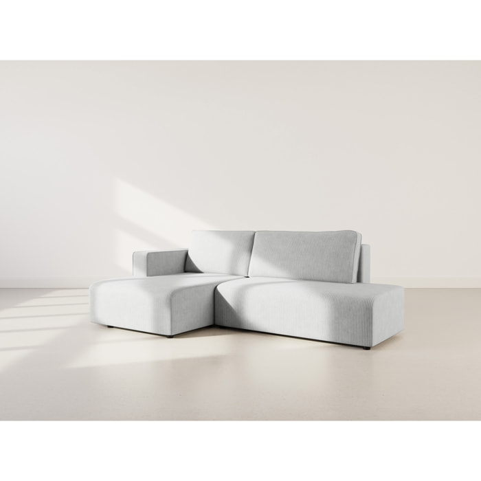 Topaze - canapé d'angle gauche 4 places convertible avec coffre en velours côtelé - Gris clair