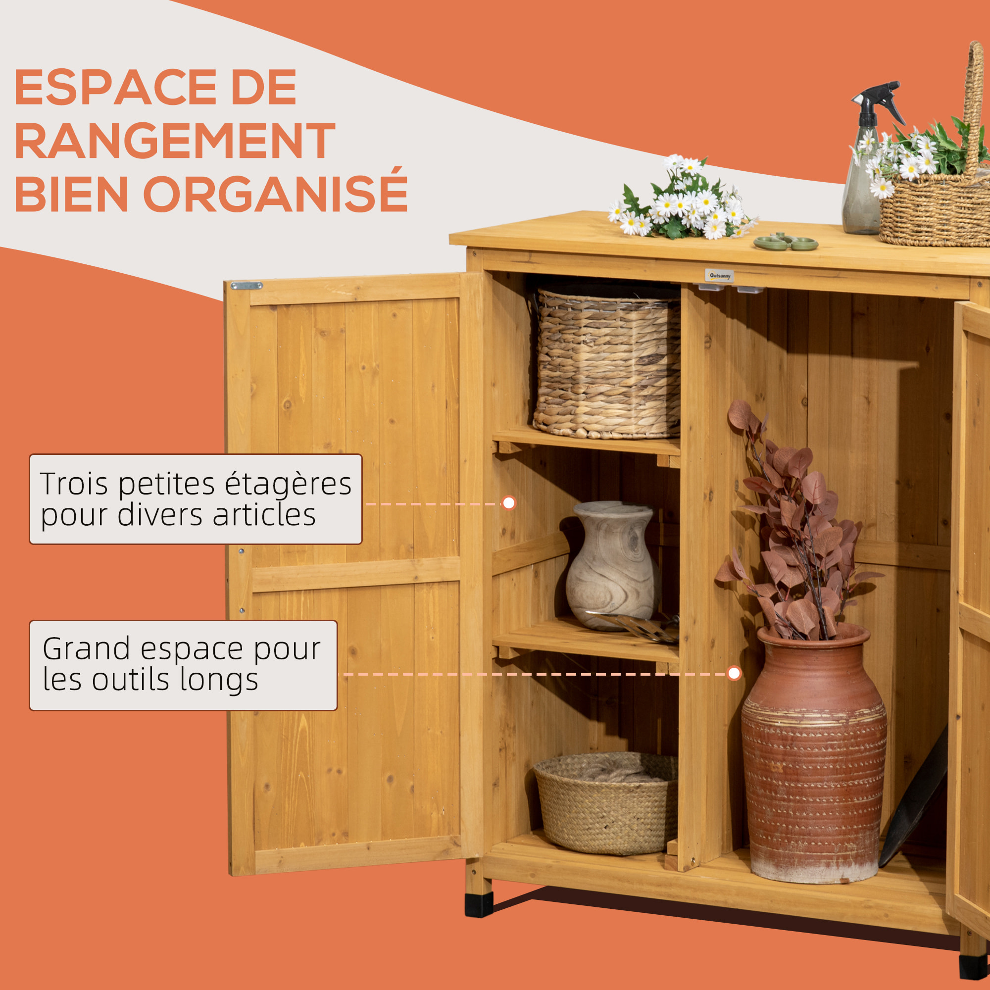 Armoire de jardin sur pied table de rempotage 2 en 1 - double porte, 2 étagères - bois de sapin pré-huilé