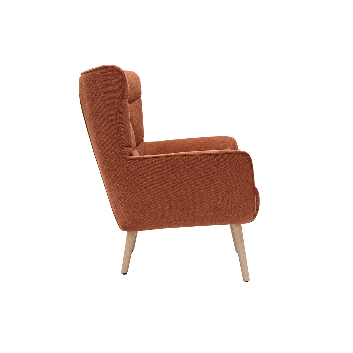 Fauteuil scandinave en tissu effet velours texturé terre brûlée et bois clair AVERY