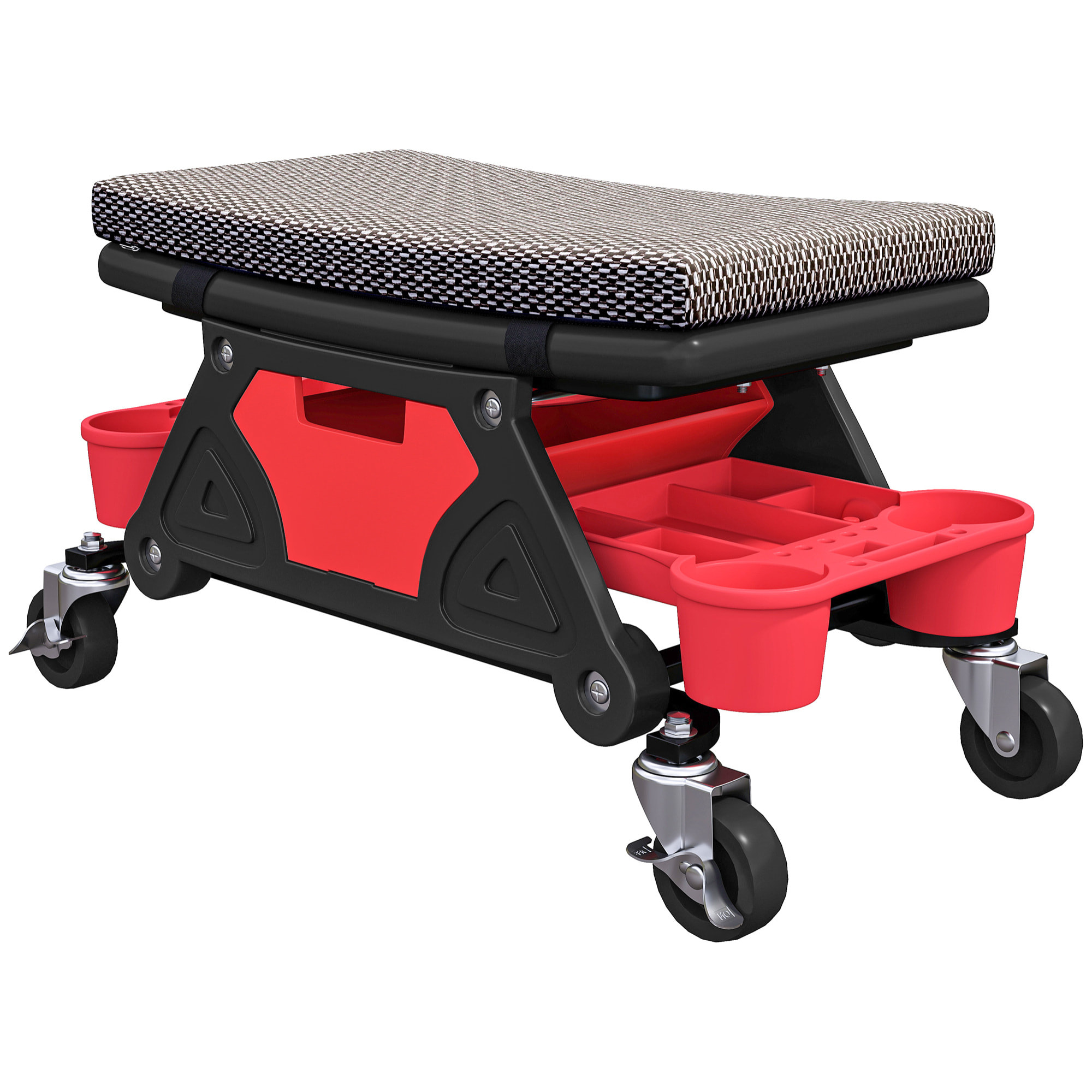 Tabouret d'atelier mobile - tabouret de mécanicien - coussin intégré, 3 plateaux outils - noir rouge