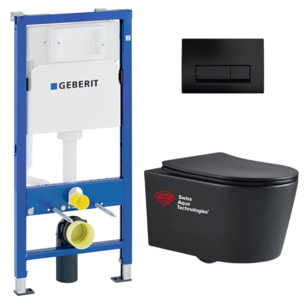 Pack WC Bati-support Geberit + WC Swiss Aqua Technologies sans bride + Abattant softclose + Plaque noire mat