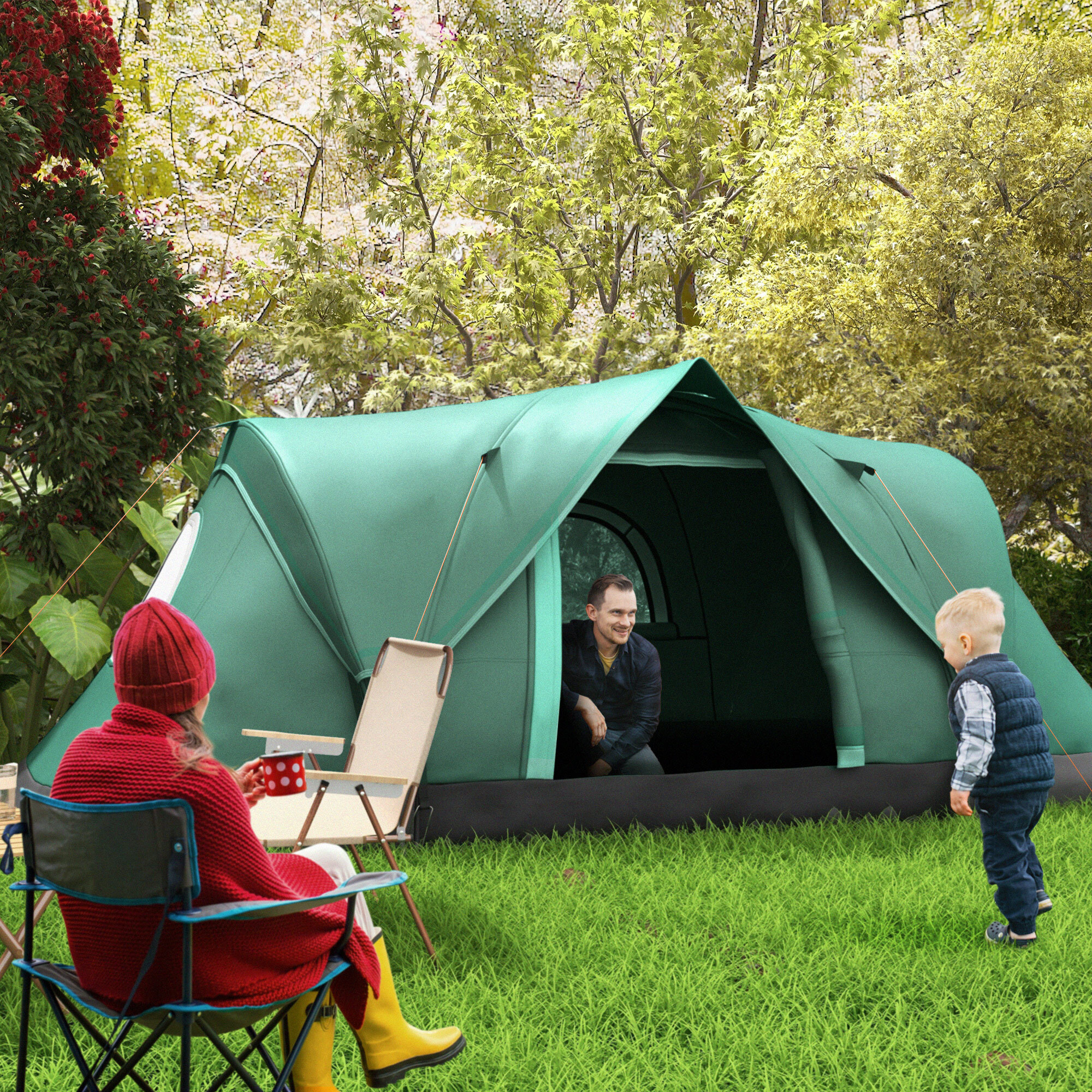 Tienda de Campaña Familiar para 5-6 Personas Tienda de Acampada de Túnel Impermeable 3000mm+ Tienda de Camping con Bolsa de Transporte y Gancho para Pescar Senderismo 455x230x180 cm Verde