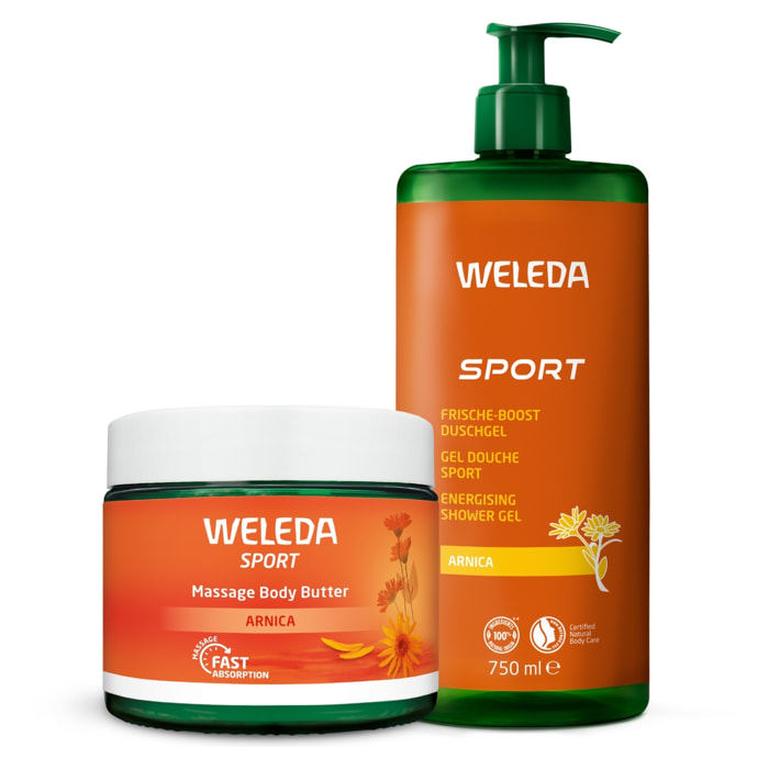 WELEDA - Routine Quotidienne Hydratante - Baume de Massage Arnica + Gel Douche Sport Arnica - Nourrit, nettoie et rafraîchit - Après l'effort - Vegan* - Certifié Natrue** - pot en verre 150ml + Flacon pompe 750ml