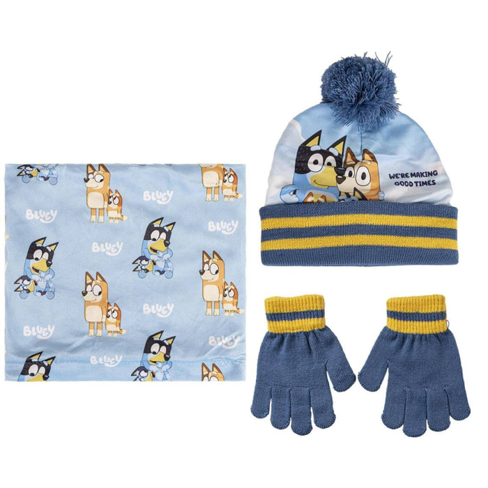 Conjunto de gorro, guantes y braga de bluey - colores azul y amarillo - talla única - elaborados en acrílico y poliéster - estampado de bluey y su fa