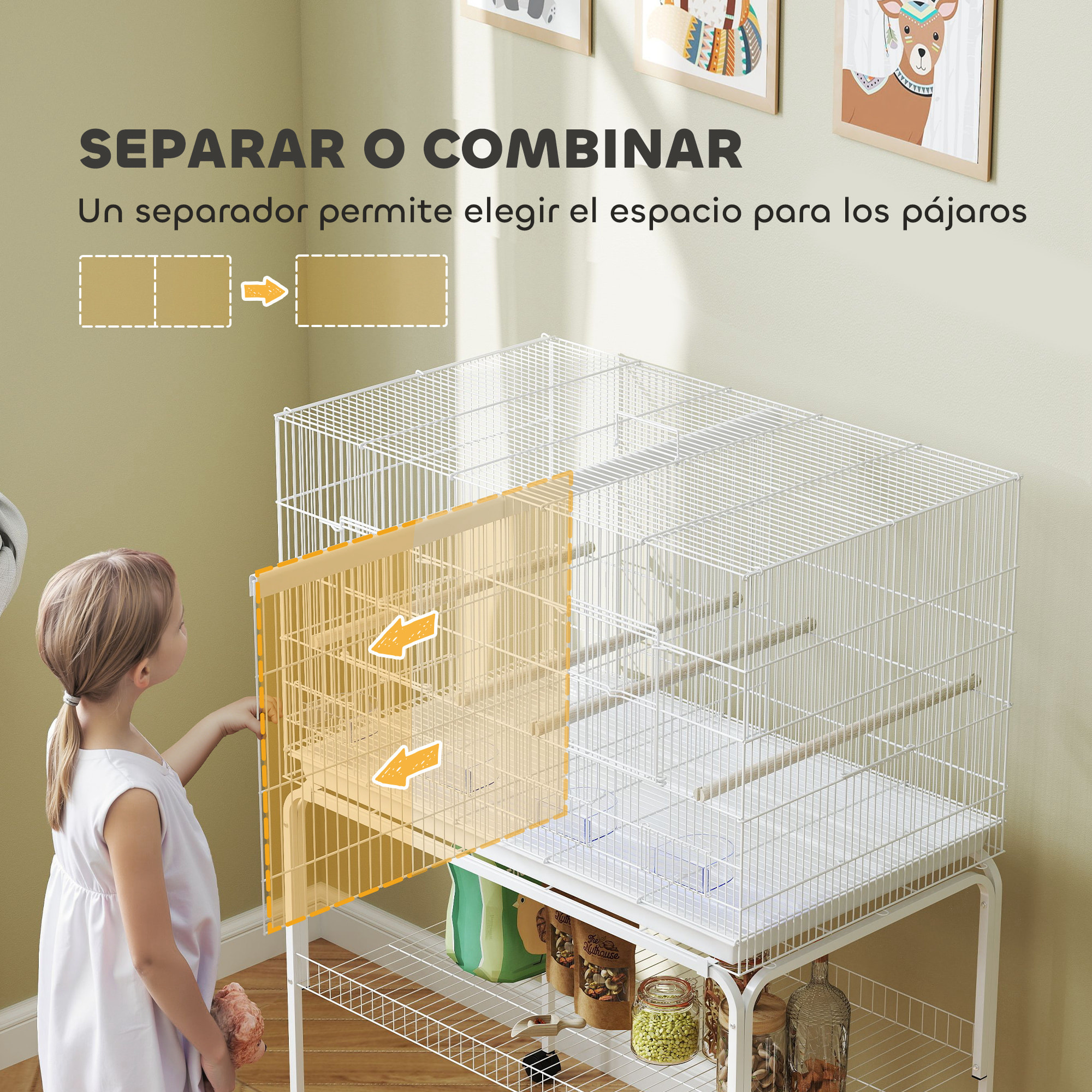 Jaula para Pájaros con Divisor Pajarera con Ruedas 4 Comederos 4 Perchas y Bandeja Extraíble Jaula para Loros Canarios Periquitos 94x57x128 cm Blanco