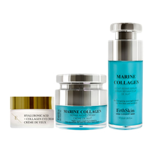 Crema de noche marina + Crema de ojos hialurónica + Suero reparador de noche con colágeno marino