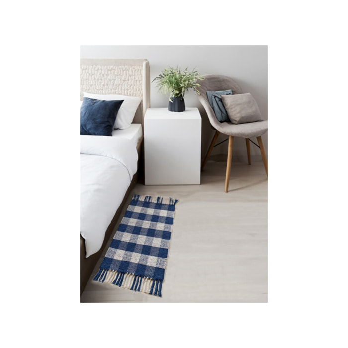 Tapis en coton avec carreaux bleu et blanc et franges - DENIM