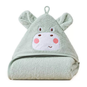 Cape de bain enfant pur coton 420 g/m² brodé vert Petit hippo vert d'eau