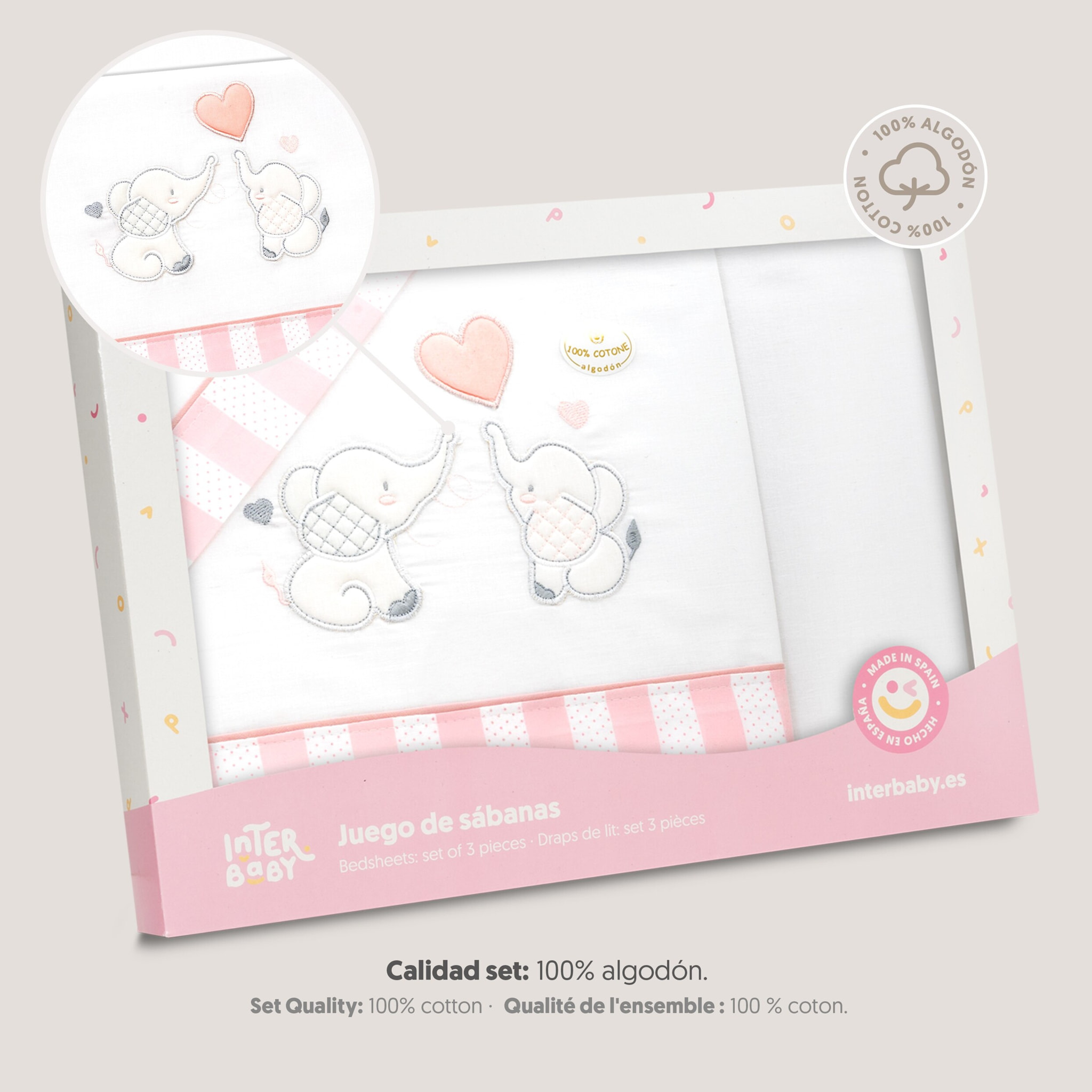 Triptico Minicuna Parejita Elefante Bco/Rosa