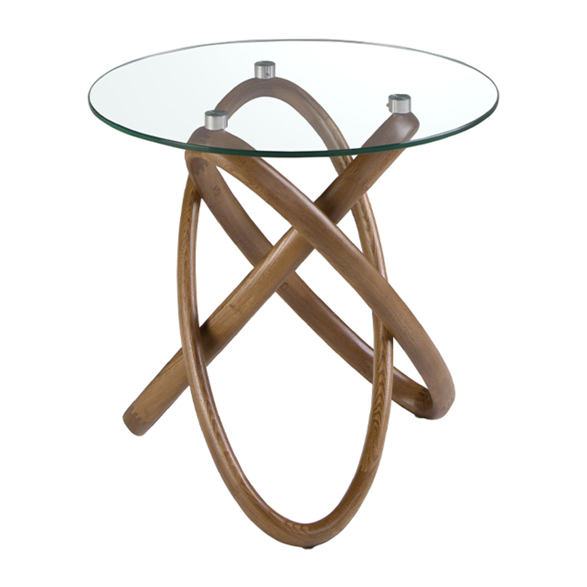 Mesa rincón Angel Cerdá redonda con tapa de cristal templado y patas de madera en nogal 55x55x50cm