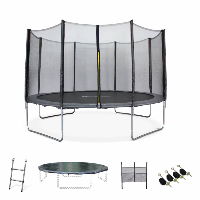 Trampoline 400cm gris avec filet de protection.  échelle. bâche. filet pour chaussures. kit d'ancrage  - Mercure XXL- Trampoline de jardin 400 cm 4m| Qualité PRO.|Normes EU.