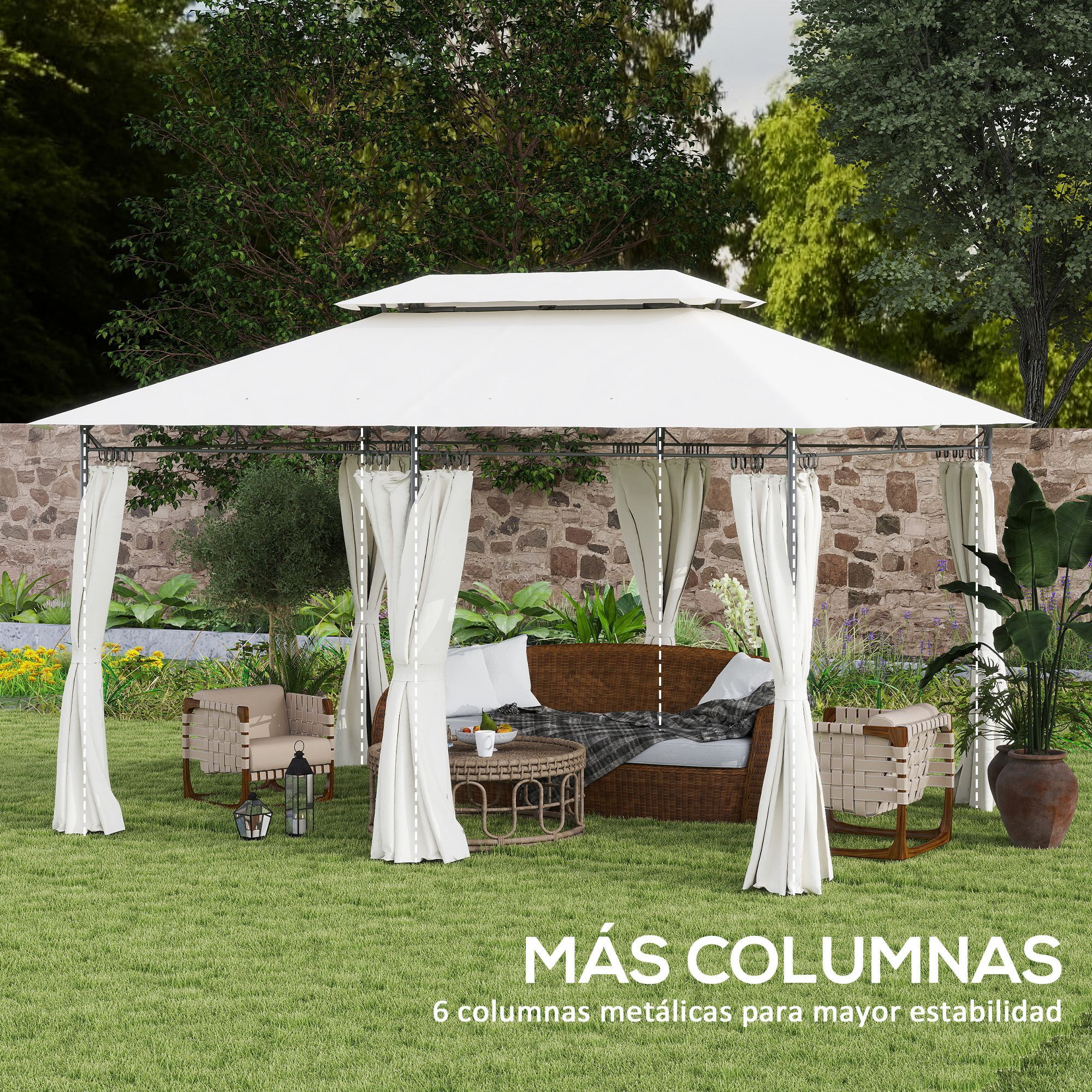 Cenador para Jardín 4x3 m Pérgola de Jardín Gazebo con Doble Techo Paredes Laterales Resistente al Agua Carpa para Exterior Terraza Patio Crema