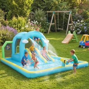 Castillo Hinchable Acuático 7 en 1 con Soplador 450W, Castillo Hinchable para Niños con 2 Toboganes, Trampolín, Piscina, Canasta, Columna de Boxeo, Exterior/Interior, 3-8 Años, 426x360x198 cm