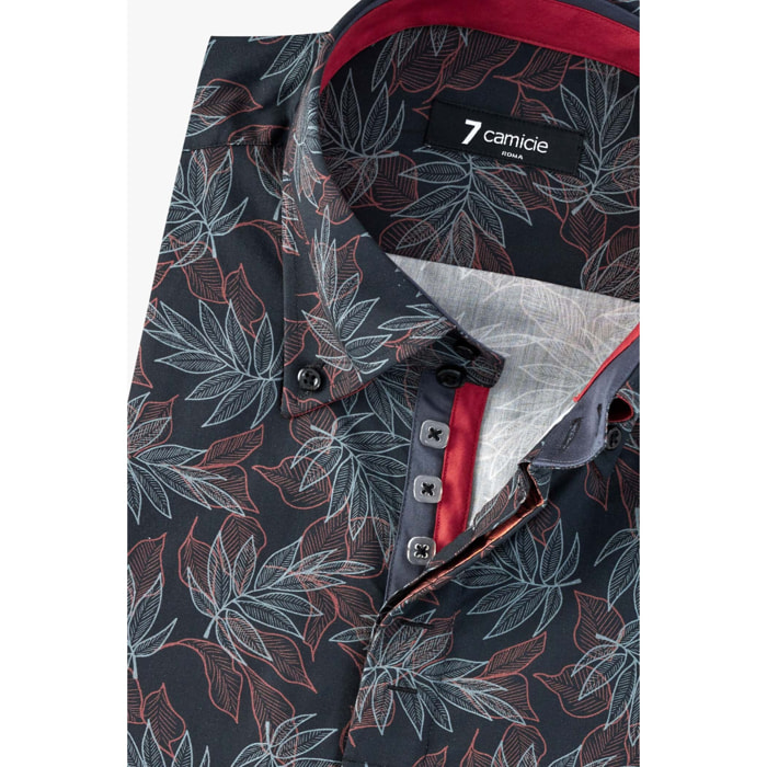 Camicia Uomo 2 Bottoni Button Down Slim Popeline Fantasia Verde Scuro e Mattone