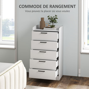 Commode 5 tiroirs et plateau - meuble de rangement bureau - poignées métal noir MDF blanc