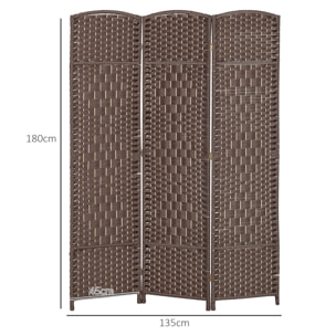 Paravent intérieur 3 panneaux pliables en bois séparateur de pièce style bohème tissé chocolat
