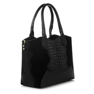FIRENZE ARTEGIANI Borsa tote Adelfia da donna. Ruga in Coccodrillo Incisa in Vera Pelle Scamosciata Made in Italy 36x17x27 Cm. Colore nero