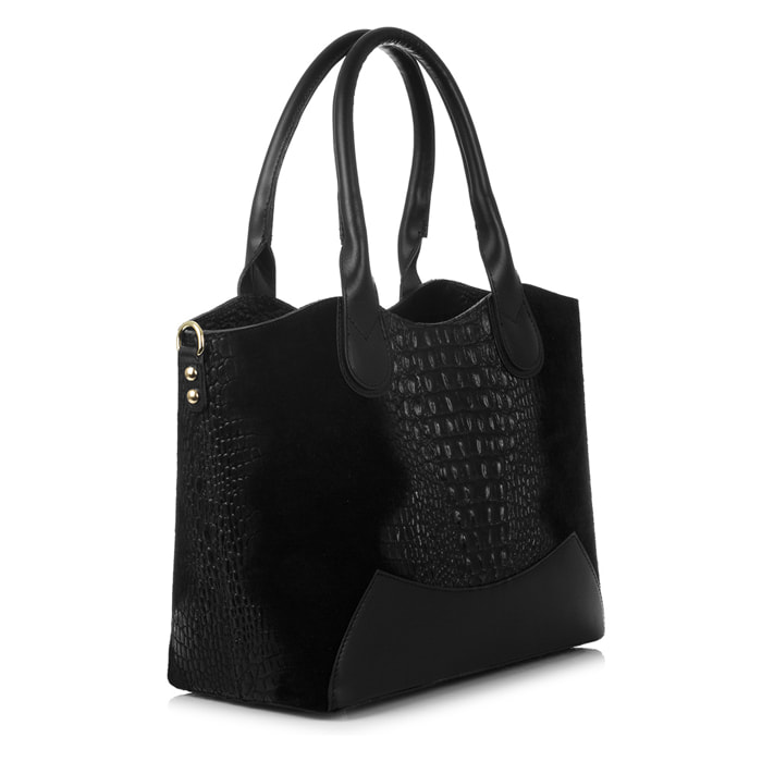 FIRENZE ARTEGIANI Borsa tote Adelfia da donna. Ruga in Coccodrillo Incisa in Vera Pelle Scamosciata Made in Italy 36x17x27 Cm. Colore nero