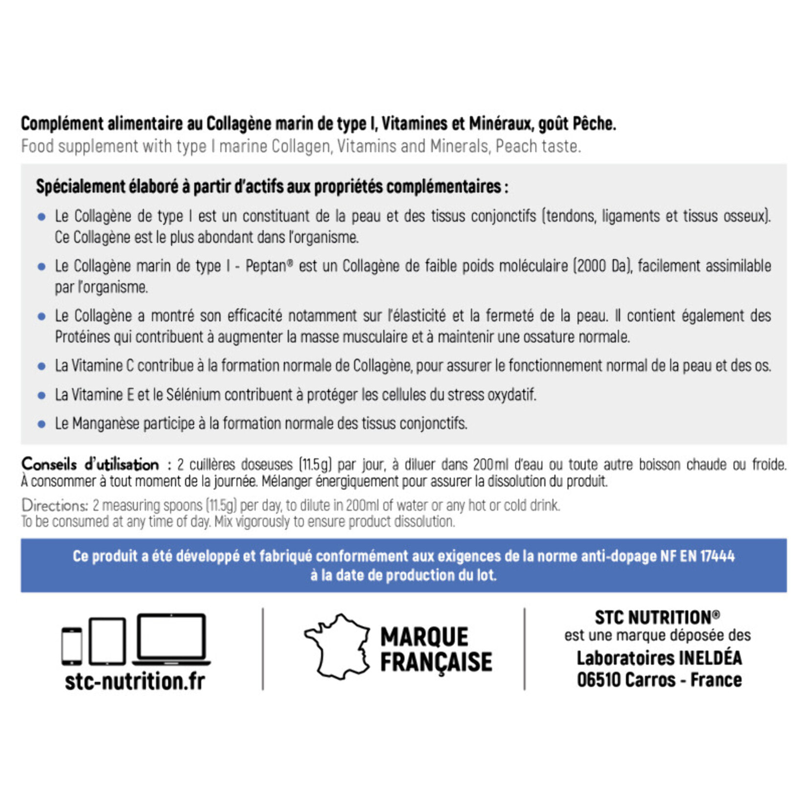 STC NUTRITION - Collagen Duo - Favorise la Santé de la Peau, des Os et des Articulations - Collagène Marin Type I + Vitamines C & E + Sélénium + Manganèse - Arôme naturel de pêche - 2 pots