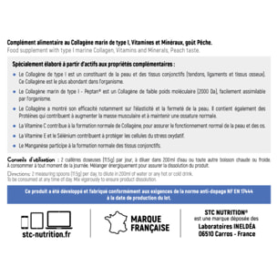 STC NUTRITION - Collagen Duo - Favorise la Santé de la Peau, des Os et des Articulations - Collagène Marin Type I + Vitamines C & E + Sélénium + Manganèse - Arôme naturel de pêche - 2 pots