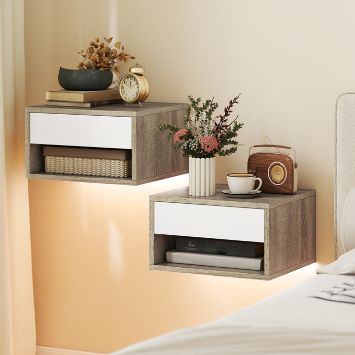 Juego de 2 Mesitas de Noche Flotantes con Luces LED RGB Control de APP, Mesillas de Noche Dormitorio con Cajón, Estante Abierto, para Sala de Estar, 37x32x21 cm, Natural y Blanco