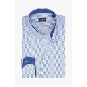 Camicia Uomo 2 Bottoni Button Down Slim Popeline Stampato Bianco e Blu
