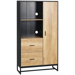 Buffet haut multi-rangement une porte 3 étagères 2 tiroirs 2 niches piètement acier noir aspect chêne clair