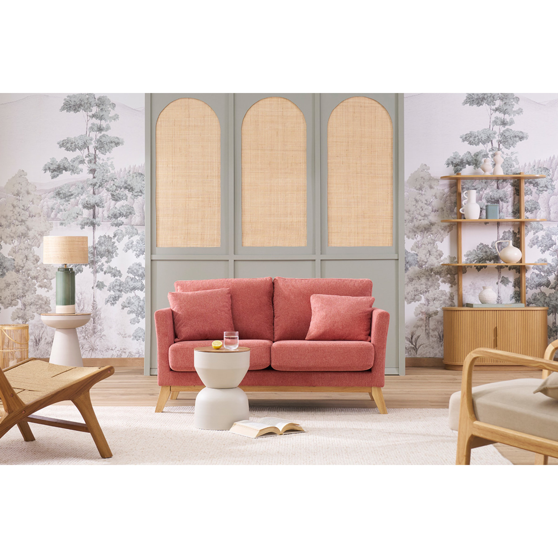 Canapé scandinave déhoussable 2 places en tissu effet velours texturé taupe et bois clair OSLO