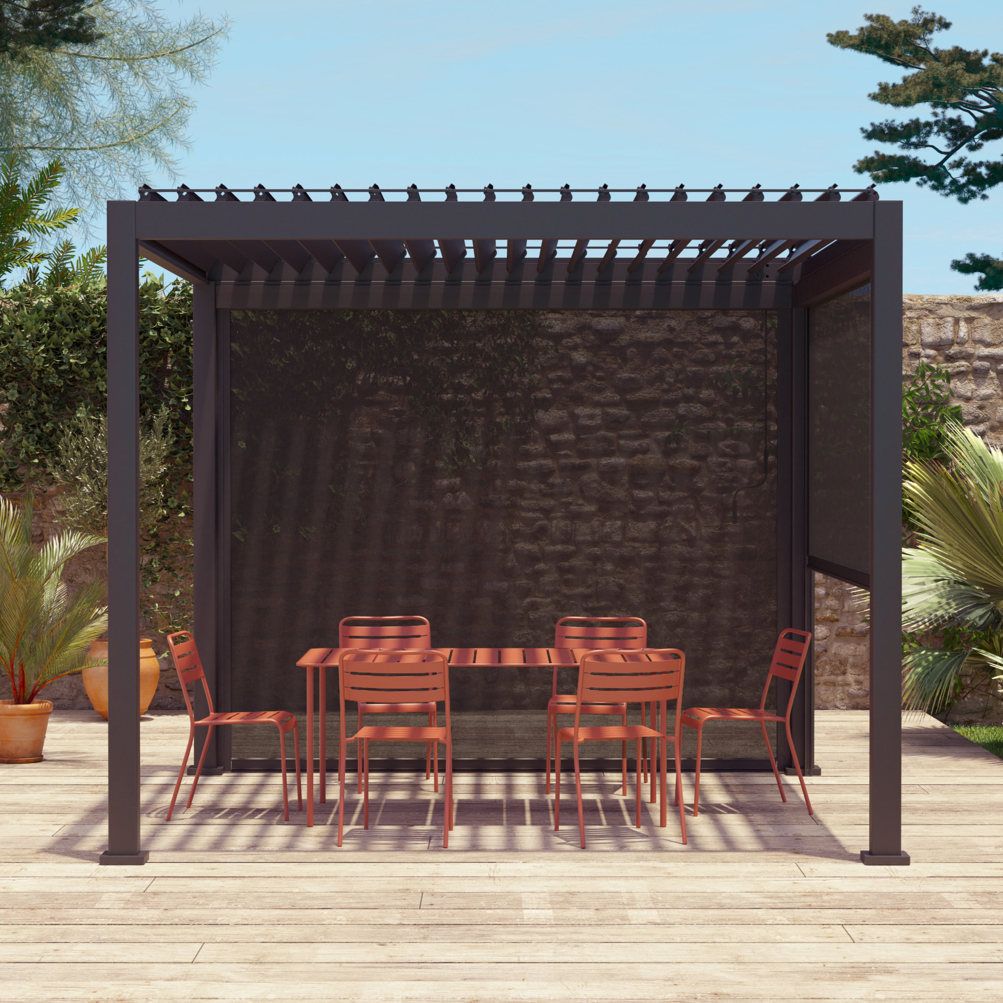 Pergola bioclimatique aluminium Triomphe 3x3 m lames orientables avec 2 stores en aluminium et textilène anthracite