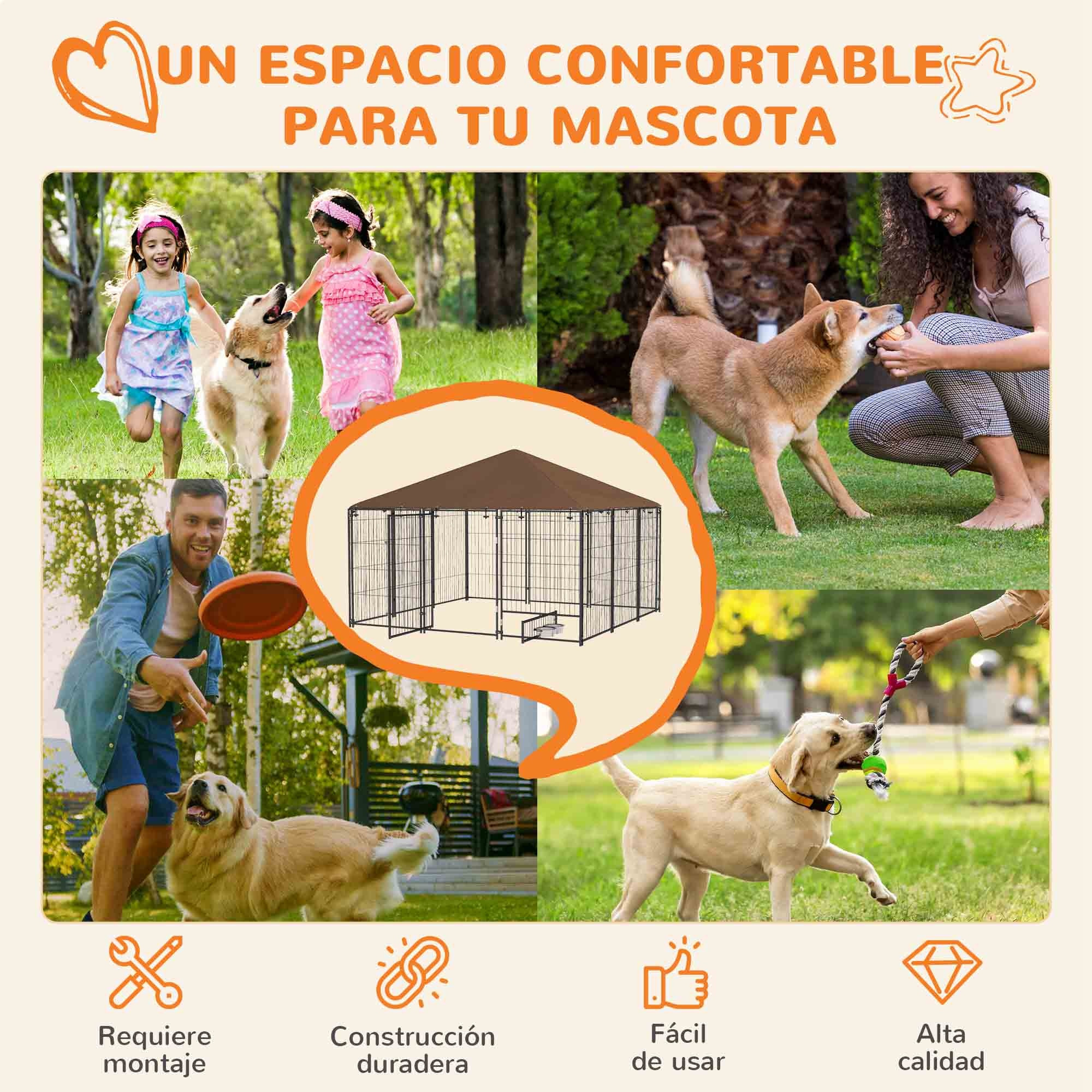 Perrera con Toldo Parque para Perros Metálica de Exterior con Soporte Giratorio para Comida 2 Cuencos para Patio Jardín Terraza 211x211x151 cm Negro
