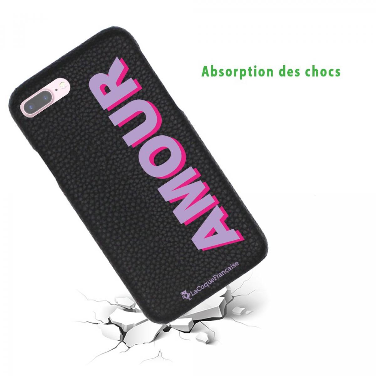 Coque iPhone 7 Plus/ 8 Plus effet cuir grainé noir Amour parme et fushia Design La Coque Francaise