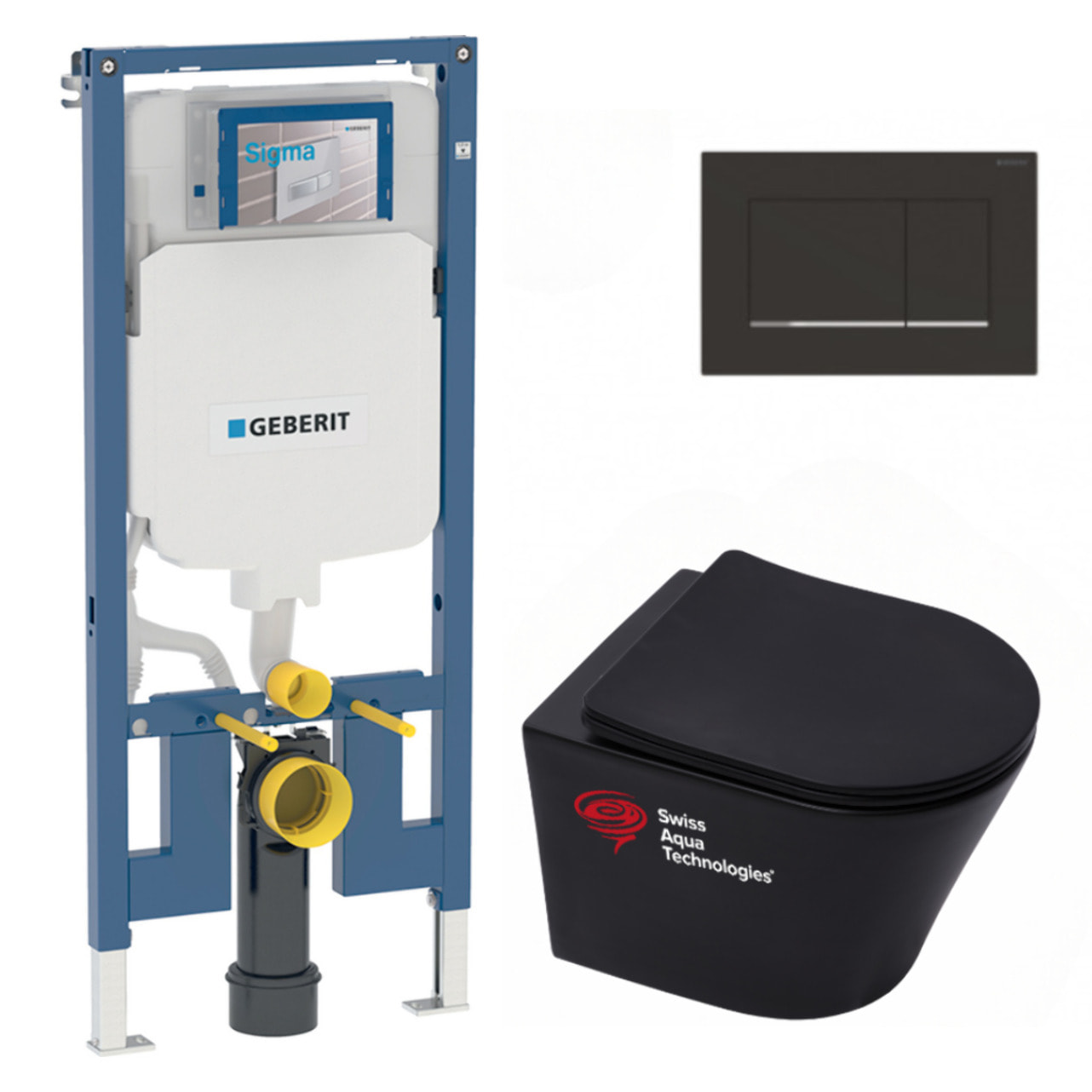 Pack WC Bati-support Geberit + WC suspendu sans bride Swiss Aqua Technologies + Abattant SoftClose + Plaque noire mat/chrome
