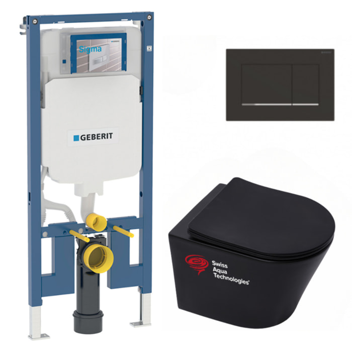 Pack WC Bati-support Geberit + WC suspendu sans bride Swiss Aqua Technologies + Abattant SoftClose + Plaque noire mat/chrome